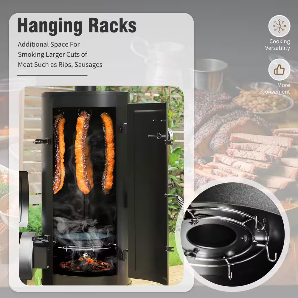 Vertical Charcoal Smoker Grill in Black with Extra Side Grill