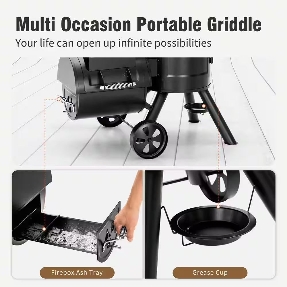 Vertical Charcoal Smoker Grill in Black with Extra Side Grill
