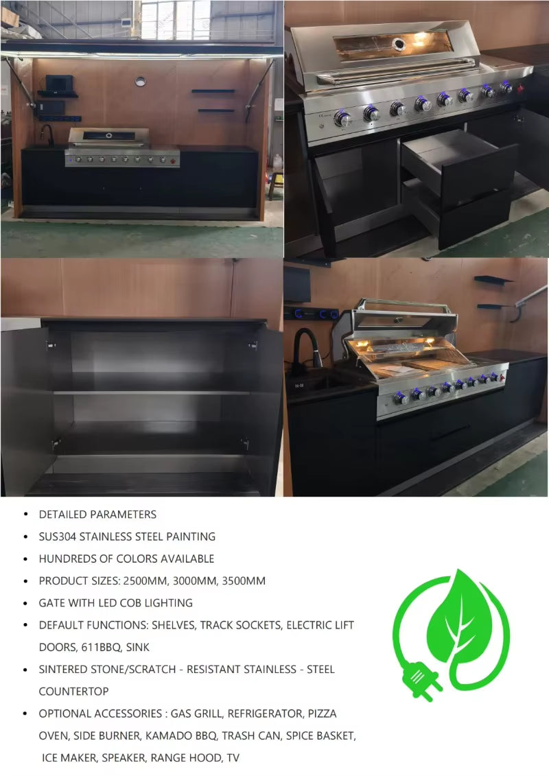 Customized Black/Grey Garden/Patio Outdoor Bbq Kitchen Pod with Door Weatherproof 304 Stainless Steel Outdoor Kitchen with Shed