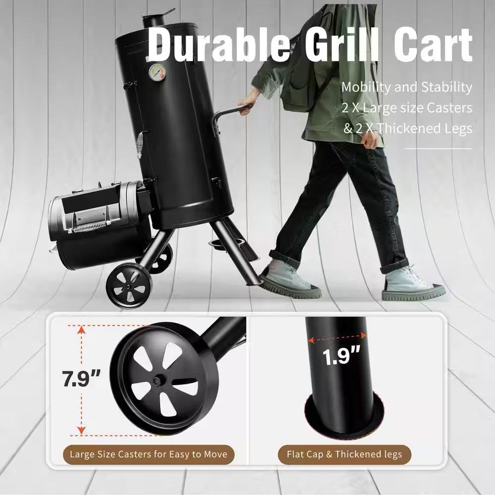 Vertical Charcoal Smoker Grill in Black with Extra Side Grill
