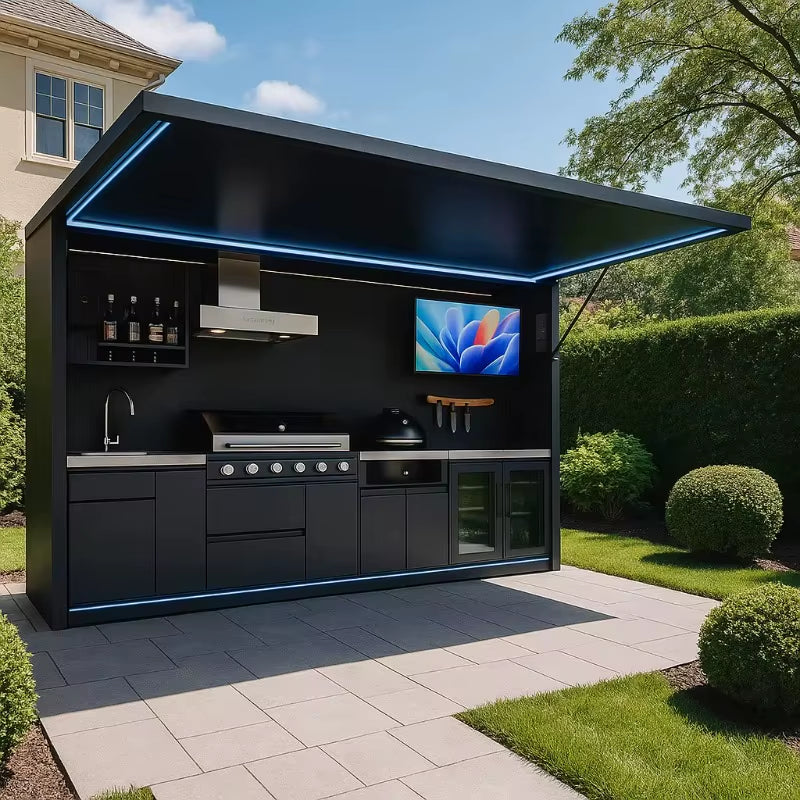 Customized Black/Grey Garden/Patio Outdoor Bbq Kitchen Pod with Door Weatherproof 304 Stainless Steel Outdoor Kitchen with Shed